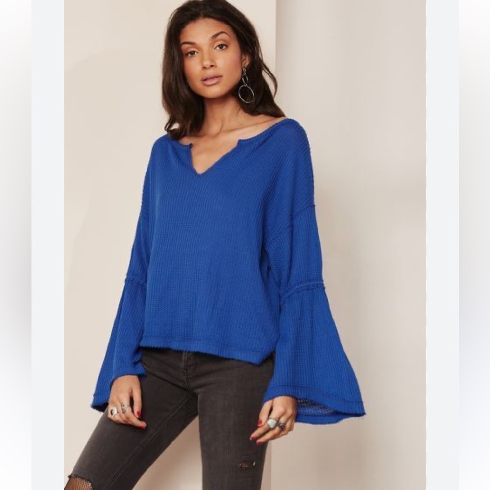 Free People We the Free Dahlia Thermal Blue Waffle Knit Top